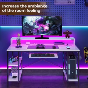 Rolanstar Computer Desk 47 inch with LED Lights & Power Outlets, Gaming Desk with Storage Shelves, Home Office Desk with Keyboard Tray, Writing Desk with Monitor Stand, Study Desk, White