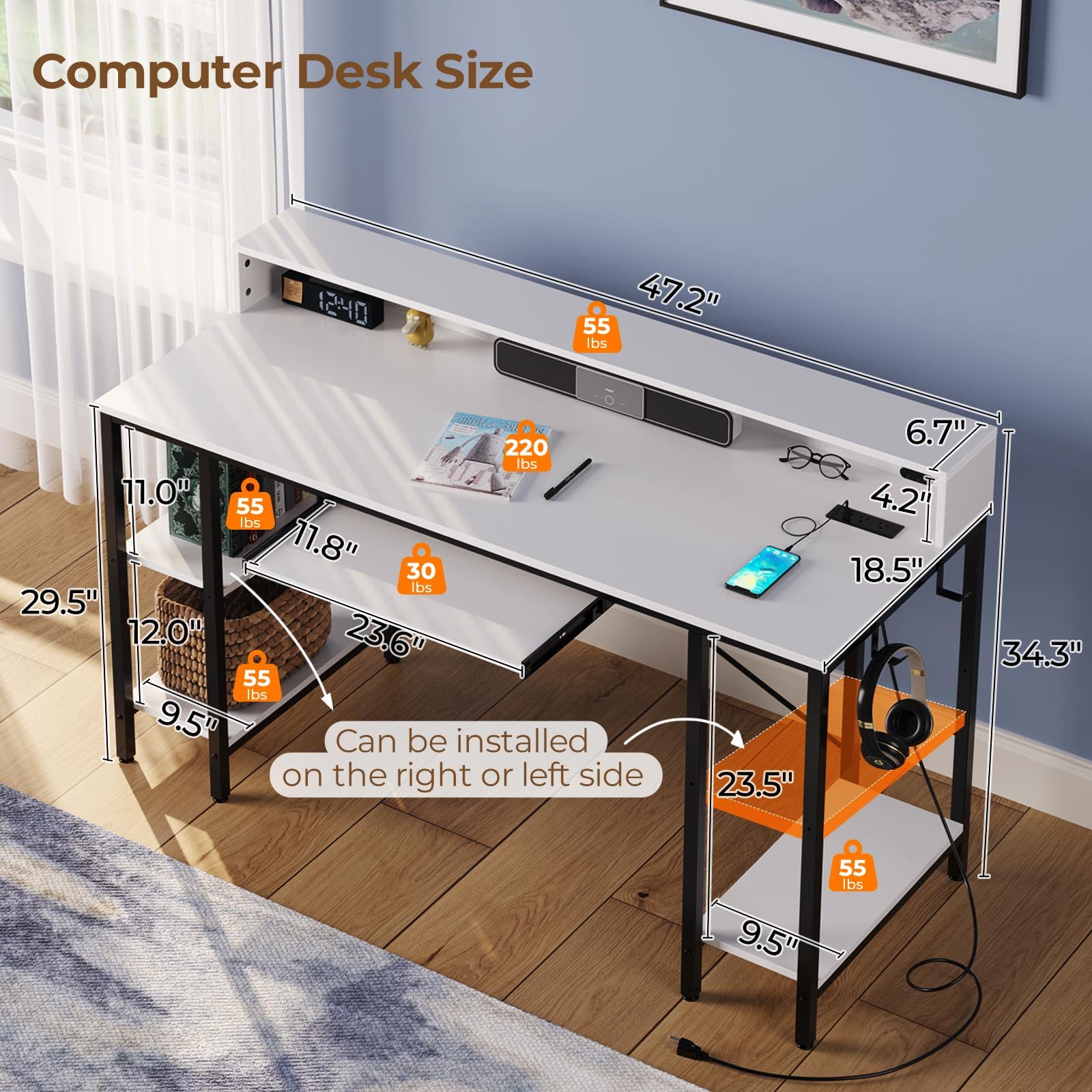 Rolanstar Computer Desk 47 inch with LED Lights & Power Outlets, Gaming Desk with Storage Shelves, Home Office Desk with Keyboard Tray, Writing Desk with Monitor Stand, Study Desk, White