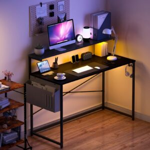 Yoobure Computer Desk with Power Outlets Fast Charging Type-C Included, Gaming Desk with LED Lights, 47" Office Desk with Adjustable Monitor Stand, Small Desk Home Office Desks with Storage Bag & Hook