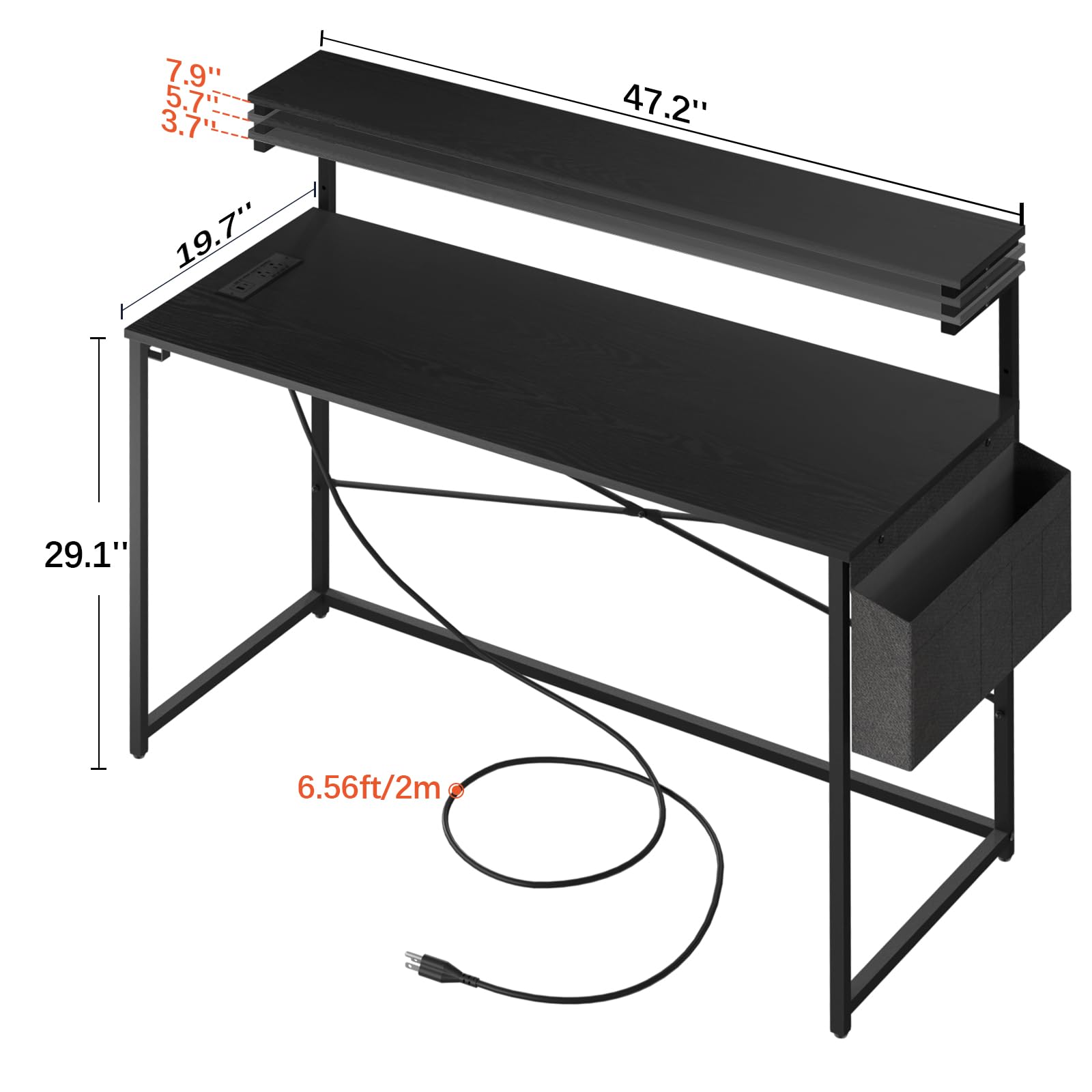 Yoobure Computer Desk with Power Outlets Fast Charging Type-C Included, Gaming Desk with LED Lights, 47" Office Desk with Adjustable Monitor Stand, Small Desk Home Office Desks with Storage Bag & Hook