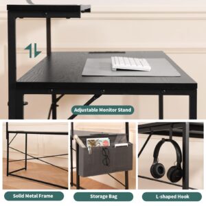 Yoobure Computer Desk with Power Outlets Fast Charging Type-C Included, Gaming Desk with LED Lights, 47" Office Desk with Adjustable Monitor Stand, Small Desk Home Office Desks with Storage Bag & Hook