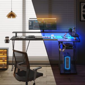 SEVEN WARRIOR L Shaped Gaming Desk with LED Lights & Power Outlets, 63” Reversible Corner Desk with Storage Shelf, Computer Desk with Monitor Stand, Gaming Table with Cup Holder, with Hooks, Black