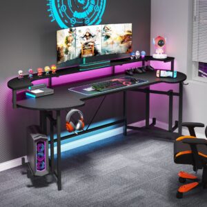 tribesigns 75 inch gaming desk with monitor shelf, large pc computer desk with led lights, gaming table gamer desk for bedroom, home office, black