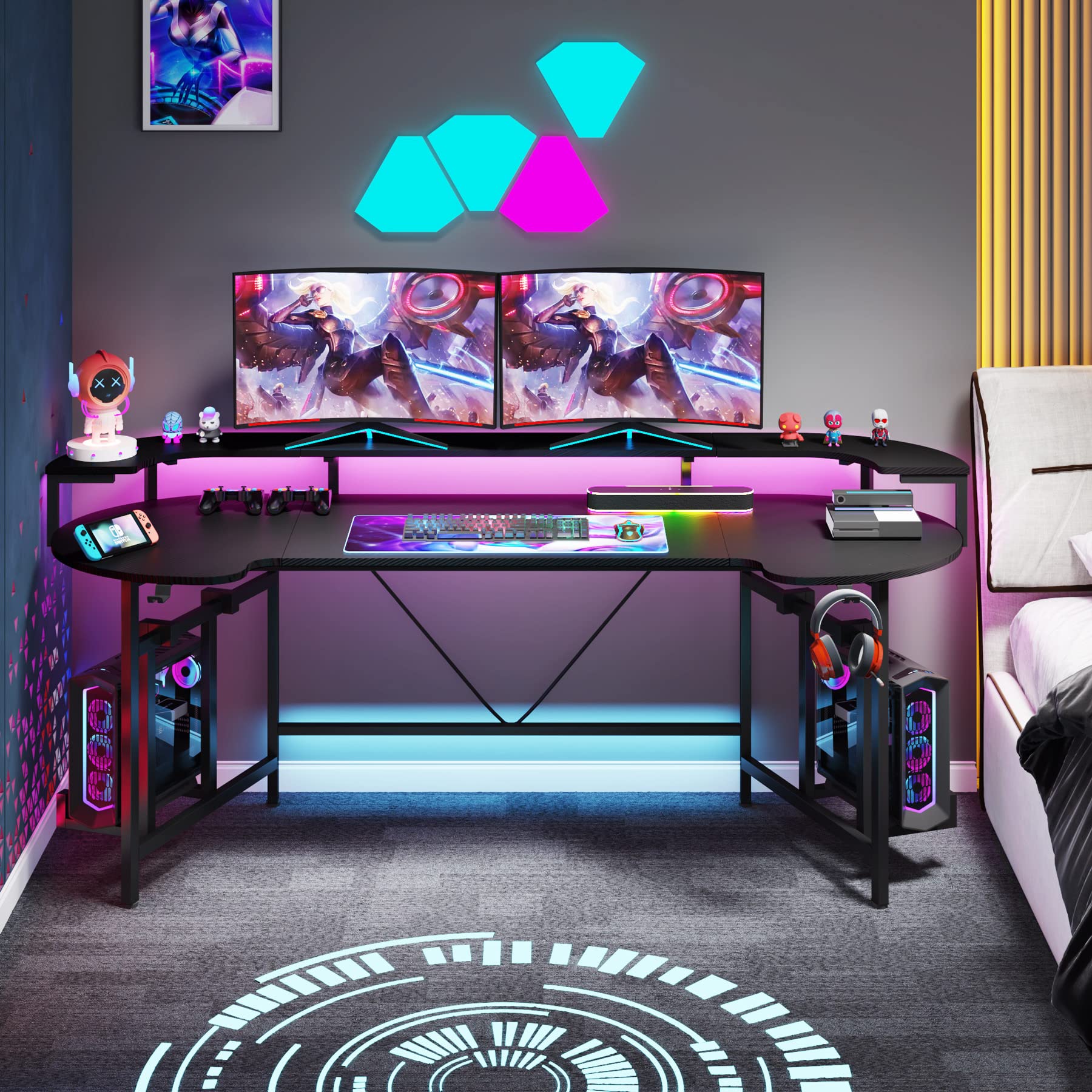 Tribesigns 75 Inch Gaming Desk with Monitor Shelf, Large PC Computer Desk with LED Lights, Gaming Table Gamer Desk for Bedroom, Home Office, Black