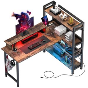 comhoma gaming l shaped computer desk, 55" home office desk with shelves, l shape computer corner desk with charging port, gaming table power outlet build in, led writing desk with monitor stand brown