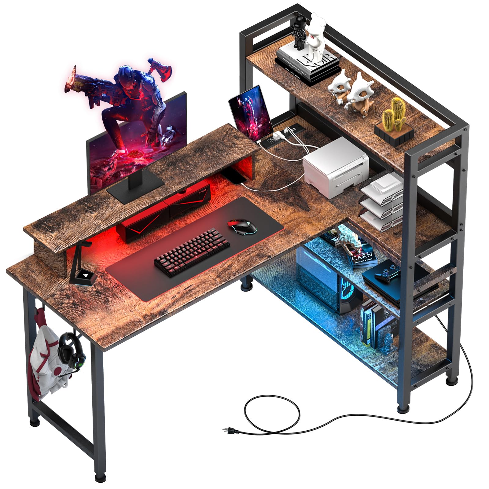 COMHOMA Gaming L Shaped Computer Desk, 55" Home Office Desk with Shelves, L Shape Computer Corner Desk with Charging Port, Gaming Table Power Outlet Build in, LED Writing Desk with Monitor Stand Brown