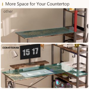 COMHOMA Gaming L Shaped Computer Desk, 55" Home Office Desk with Shelves, L Shape Computer Corner Desk with Charging Port, Gaming Table Power Outlet Build in, LED Writing Desk with Monitor Stand Brown