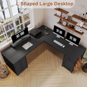 SEDETA L Shaped Desk, 63" Computer Desk with 5 Drawer & Power Outlet,Long Home Office Desk or Corner Desk, L Shaped Corner Desk with Monitor Shelf, Storage Cabinet, Black