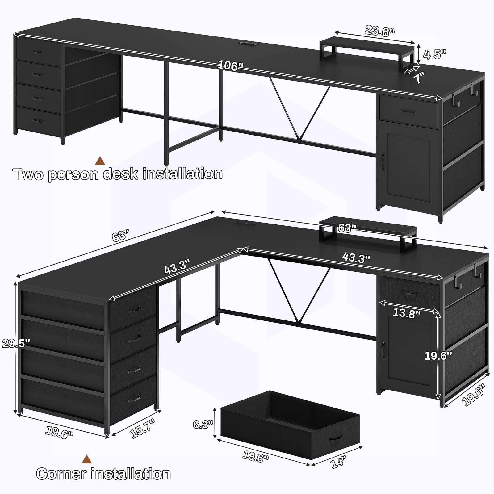 SEDETA L Shaped Desk, 63" Computer Desk with 5 Drawer & Power Outlet,Long Home Office Desk or Corner Desk, L Shaped Corner Desk with Monitor Shelf, Storage Cabinet, Black