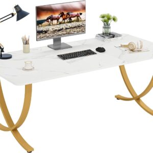 Tribesigns Executive Desk, 63” W x 31.5” D Large Office Desk, Modern Computer Desk Conference Table Meeting Room Table, Business Furniture for Home Office, White and Gold