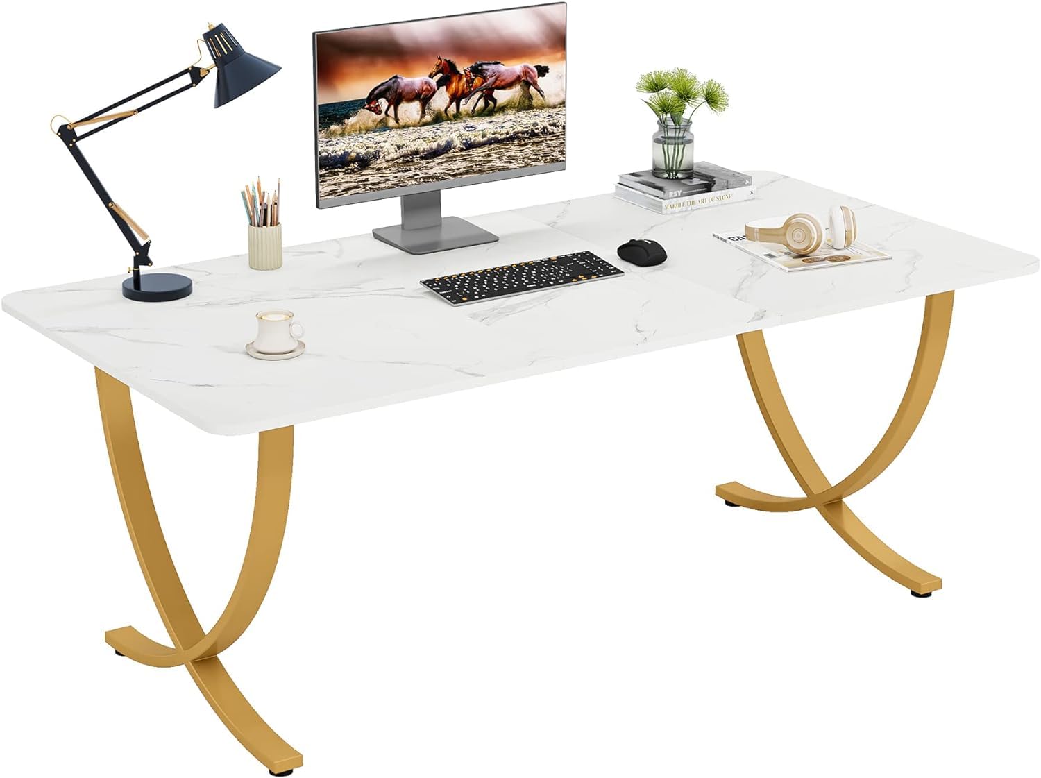 Tribesigns Executive Desk, 63” W x 31.5” D Large Office Desk, Modern Computer Desk Conference Table Meeting Room Table, Business Furniture for Home Office, White and Gold