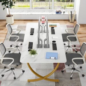 Tribesigns Executive Desk, 63” W x 31.5” D Large Office Desk, Modern Computer Desk Conference Table Meeting Room Table, Business Furniture for Home Office, White and Gold