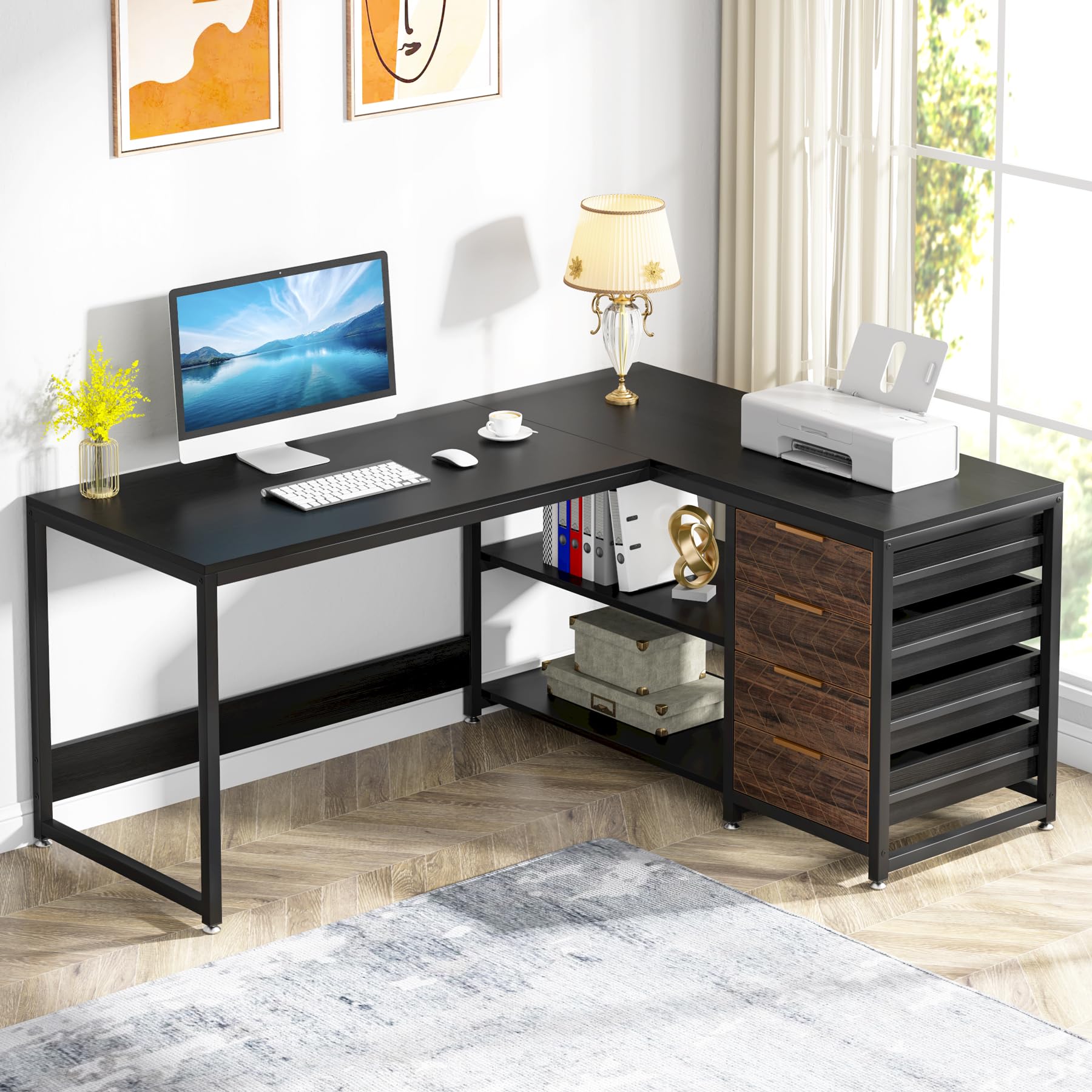 Tribesigns L Shaped Computer Desk with Storage Drawers, 59 inch Corner Desk with Shelves, Reversible L-Shaped Office Desk Study Writing Table Workstation for Home Office, Black