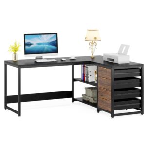 Tribesigns L Shaped Computer Desk with Storage Drawers, 59 inch Corner Desk with Shelves, Reversible L-Shaped Office Desk Study Writing Table Workstation for Home Office, Black