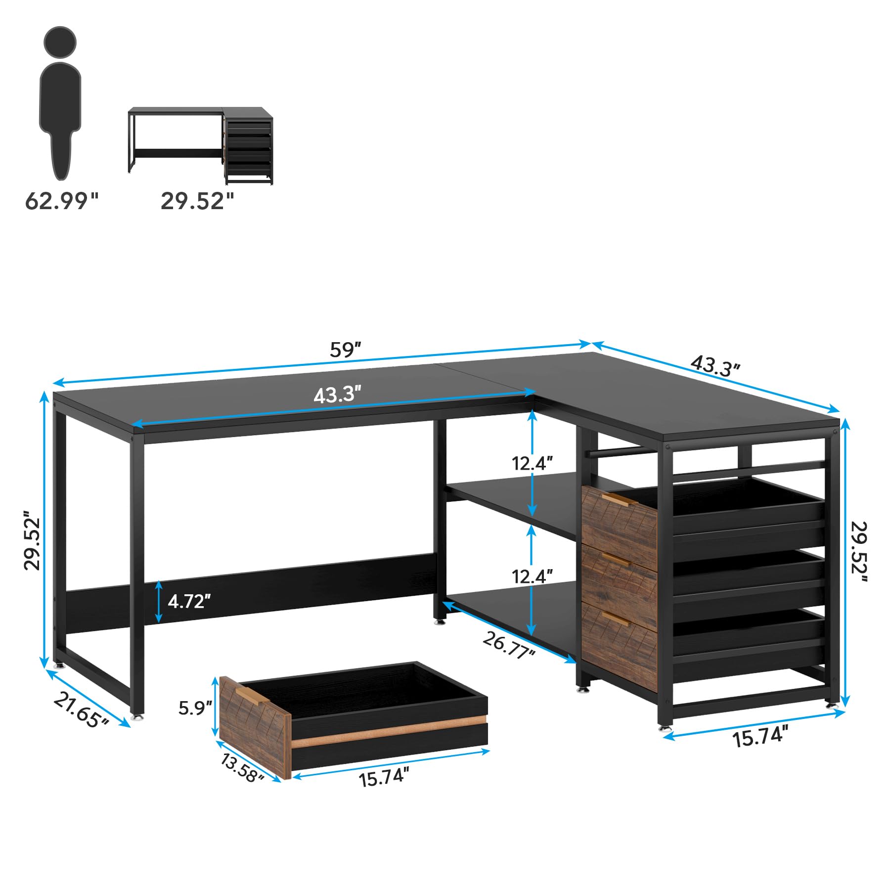 Tribesigns L Shaped Computer Desk with Storage Drawers, 59 inch Corner Desk with Shelves, Reversible L-Shaped Office Desk Study Writing Table Workstation for Home Office, Black