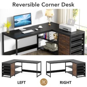 Tribesigns L Shaped Computer Desk with Storage Drawers, 59 inch Corner Desk with Shelves, Reversible L-Shaped Office Desk Study Writing Table Workstation for Home Office, Black