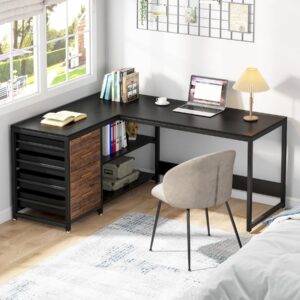 Tribesigns L Shaped Computer Desk with Storage Drawers, 59 inch Corner Desk with Shelves, Reversible L-Shaped Office Desk Study Writing Table Workstation for Home Office, Black