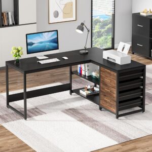 Tribesigns L Shaped Computer Desk with Storage Drawers, 59 inch Corner Desk with Shelves, Reversible L-Shaped Office Desk Study Writing Table Workstation for Home Office, Black