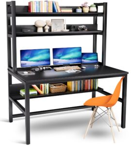 aquzee computer desk with hutch and bookshelves, large leg room 55 inch width black desk with space saving storage shelves, easy assemble and all hardware and tools included