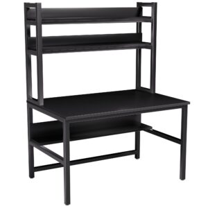 Aquzee Computer Desk with Hutch and Bookshelves, Large Leg Room 55 inch Width Black Desk with Space Saving Storage Shelves, Easy Assemble and All Hardware and Tools Included