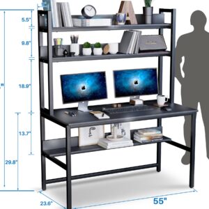 Aquzee Computer Desk with Hutch and Bookshelves, Large Leg Room 55 inch Width Black Desk with Space Saving Storage Shelves, Easy Assemble and All Hardware and Tools Included