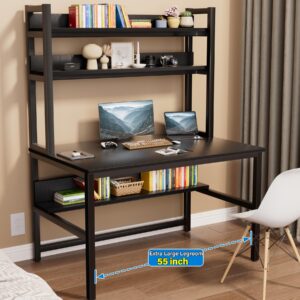 Aquzee Computer Desk with Hutch and Bookshelves, Large Leg Room 55 inch Width Black Desk with Space Saving Storage Shelves, Easy Assemble and All Hardware and Tools Included