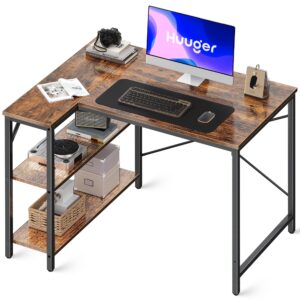 huuger l shaped desk, 39 inches computer desk with reversible storage shelves, gaming desk, corner desk home office desks, writing desk study desk with metal frame, rustic brown