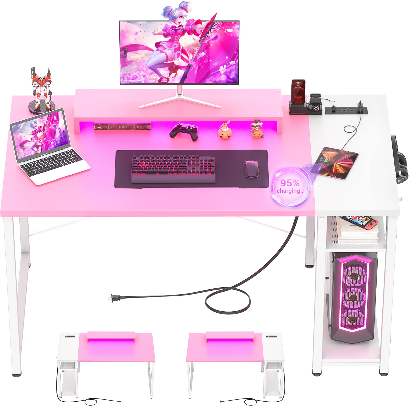 armocity Computer Desk with LED, Gaming Desk with Outlets, 40 Reversible Laptop Table with Monitor Stand, Small Desk for Small Spaces, Pink