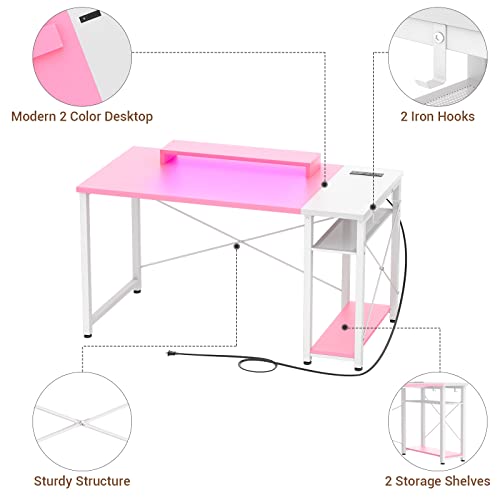 armocity Computer Desk with LED, Gaming Desk with Outlets, 40 Reversible Laptop Table with Monitor Stand, Small Desk for Small Spaces, Pink