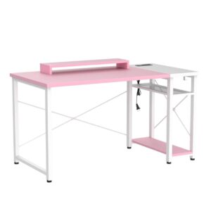 armocity Computer Desk with LED, Gaming Desk with Outlets, 40 Reversible Laptop Table with Monitor Stand, Small Desk for Small Spaces, Pink