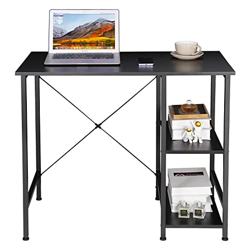 ZENY Small Computer Desk with Storage Shelves, 36” Sturdy Home Office Writing Desk/Laptop PC Workstation Desk, Metal Frame Computer Table, Black