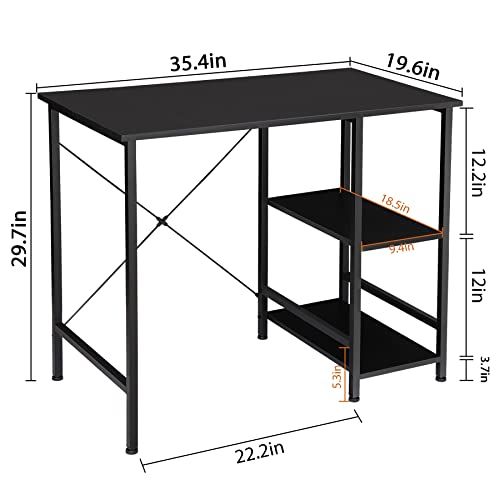 ZENY Small Computer Desk with Storage Shelves, 36” Sturdy Home Office Writing Desk/Laptop PC Workstation Desk, Metal Frame Computer Table, Black