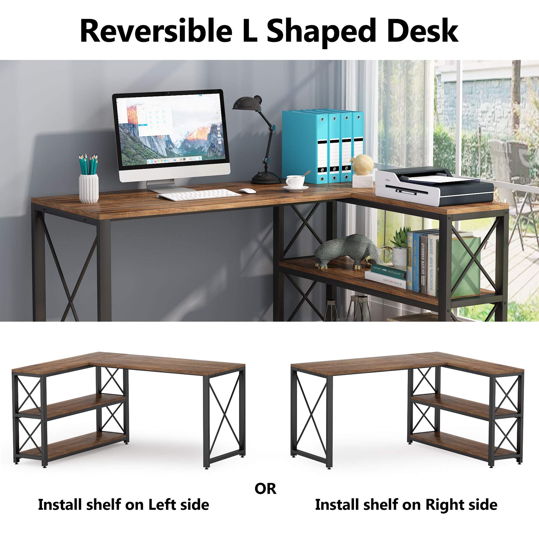 Tribesigns Reversible Industrial L-Shaped Desk with Storage Shelves, Corner Computer Desk PC Laptop Study Table Workstation for Home Office Small Space (Brown, 53")