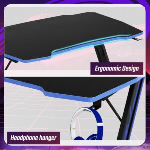 MGHH 39 Inch Gaming Desk Computer Desk Home Office Desk Z Shaped Ergonomic Simple PC Workstaion Gaming Table with Carbon Fibre Surface Headphone Hook Adjustable Leveling Foot for Gamer Player,Blue