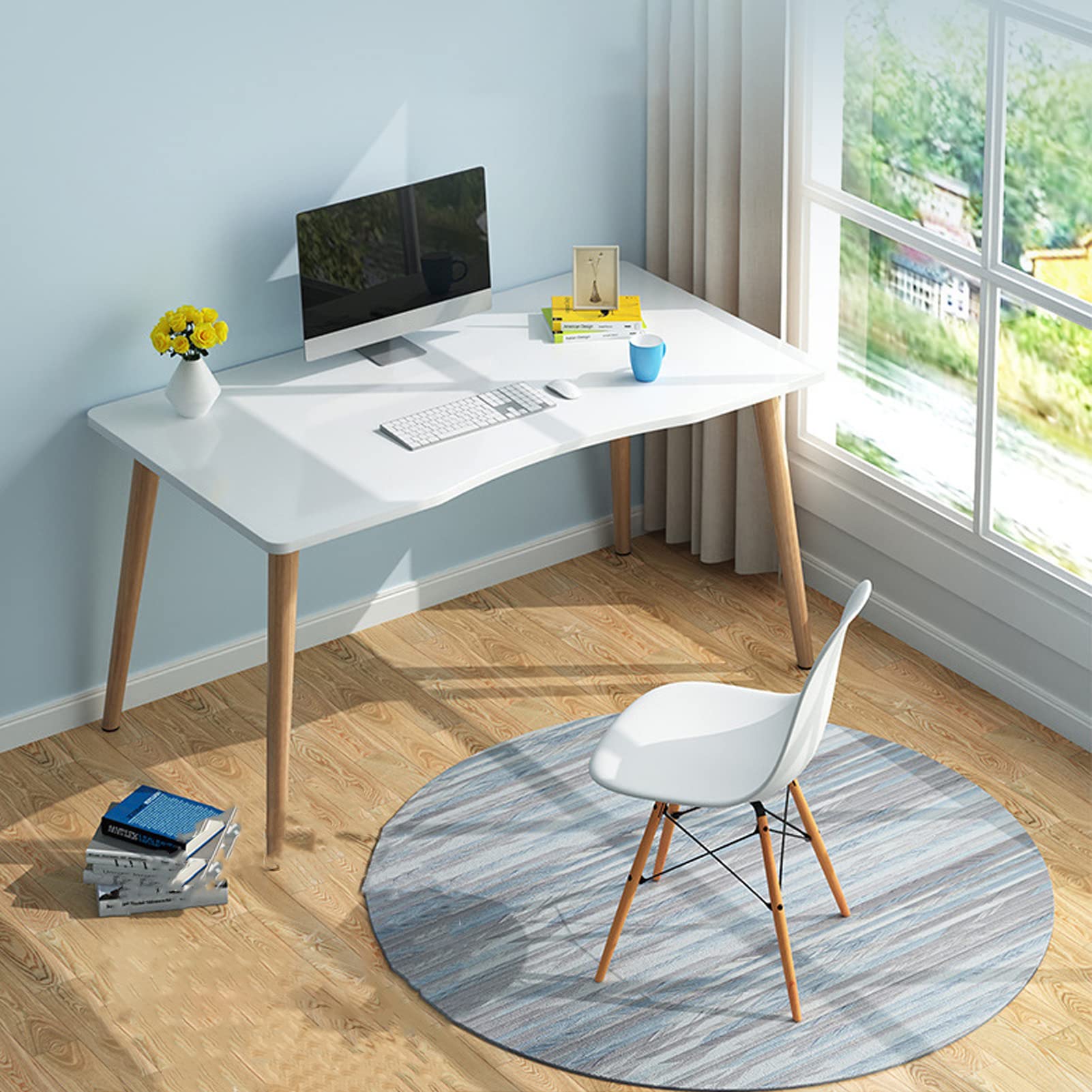 Modern Computer Desk, 27.56" x 15.75" Ergonomic Arc Design Thickened Plate Spacious Desktop Computer Desk Solid Wood PC Work Writing Table (White)