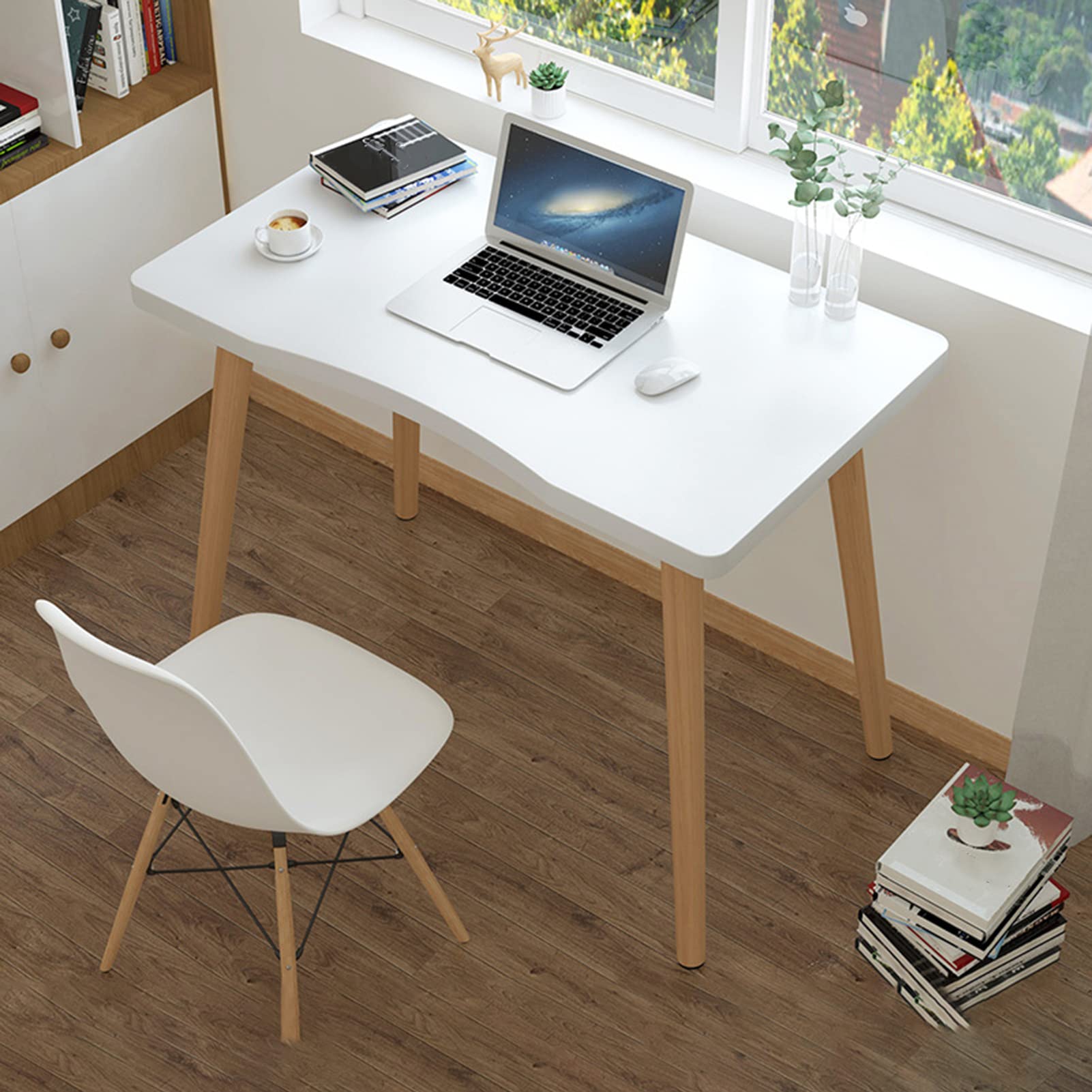 Modern Computer Desk, 27.56" x 15.75" Ergonomic Arc Design Thickened Plate Spacious Desktop Computer Desk Solid Wood PC Work Writing Table (White)