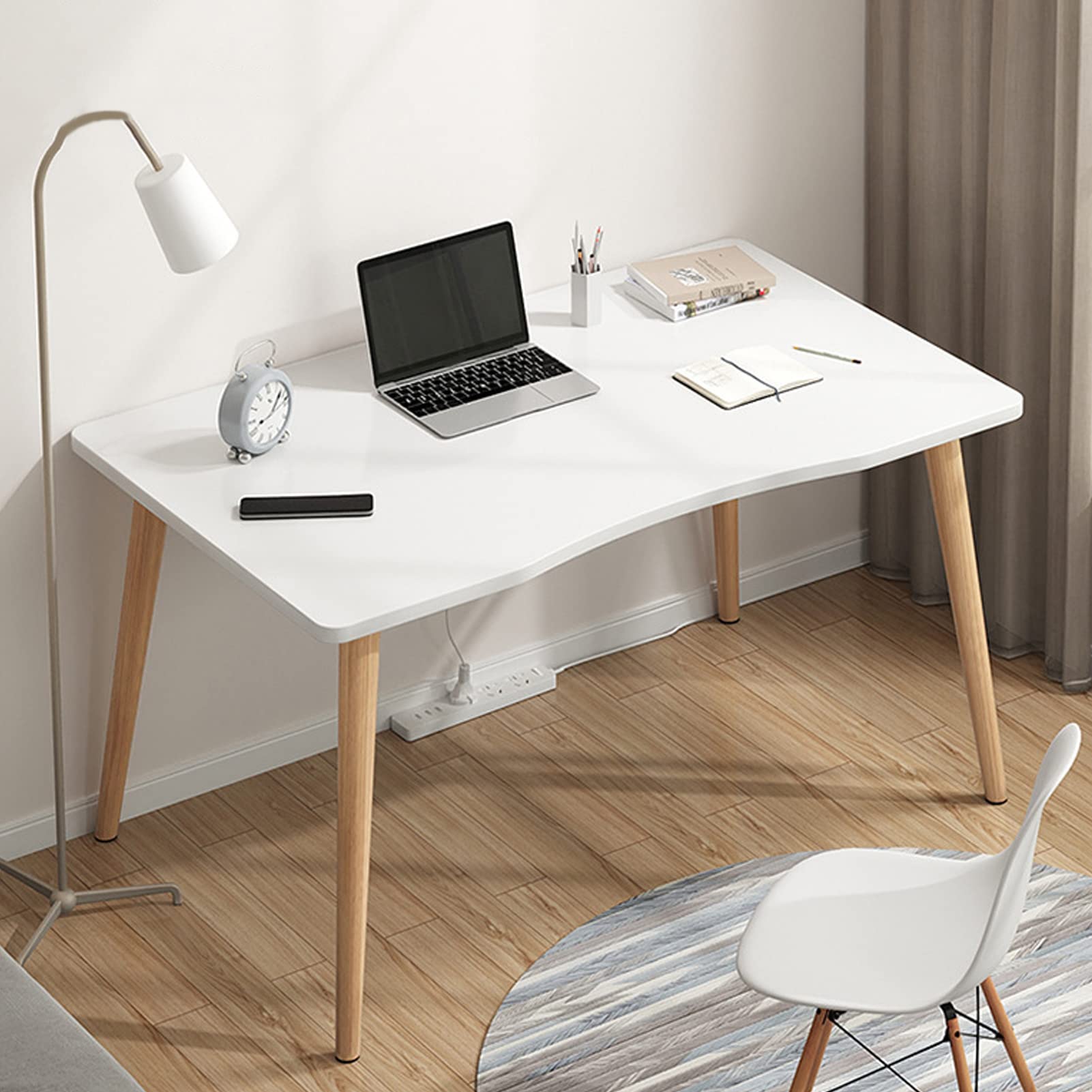 Modern Computer Desk, 27.56" x 15.75" Ergonomic Arc Design Thickened Plate Spacious Desktop Computer Desk Solid Wood PC Work Writing Table (White)