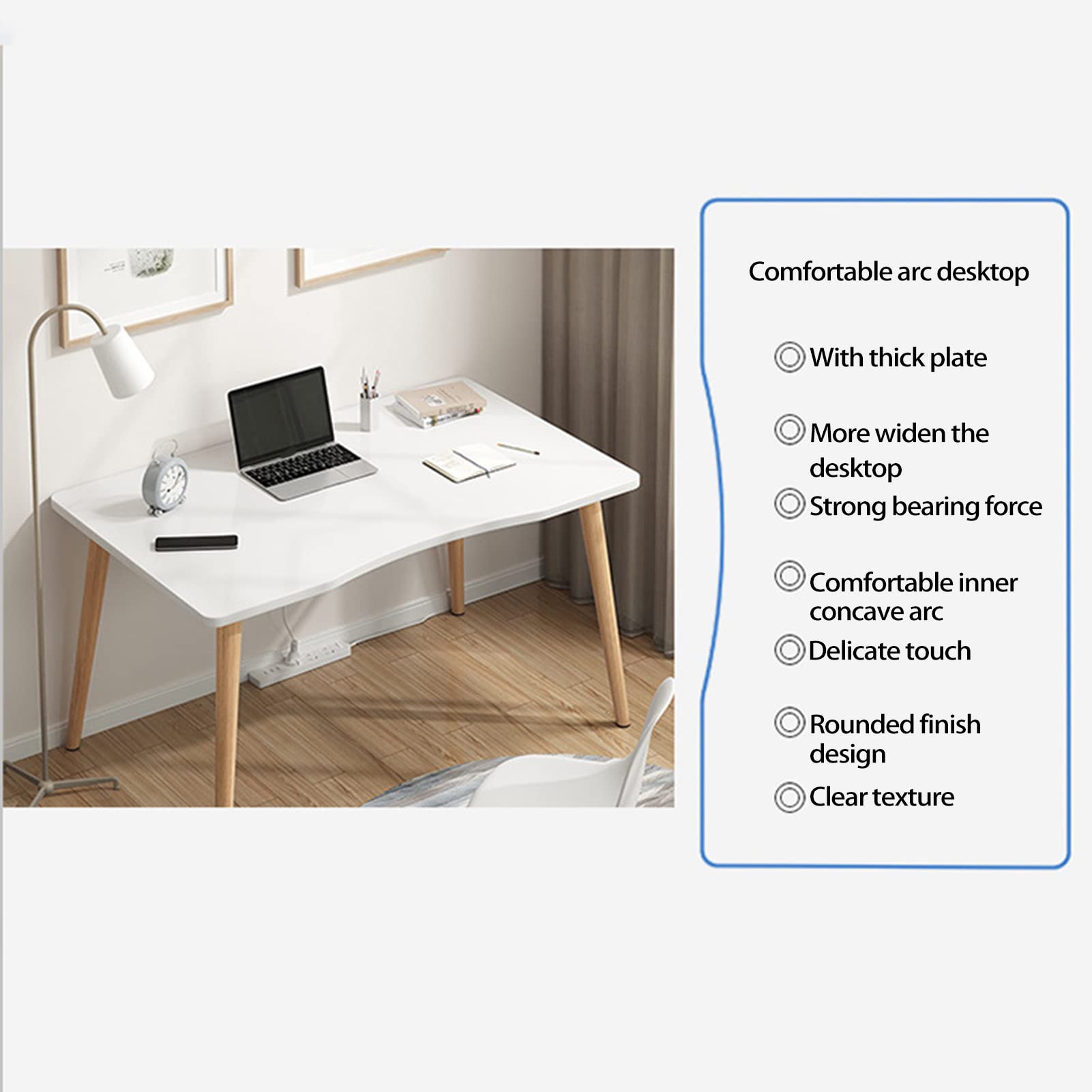 Modern Computer Desk, 27.56" x 15.75" Ergonomic Arc Design Thickened Plate Spacious Desktop Computer Desk Solid Wood PC Work Writing Table (White)