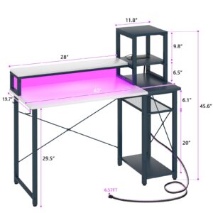 armocity 2024 Upgrade Gaming Desk with LED Lights, Small Computer Desk with Long Monitor Stand, 40'' Reversible Laptop Table with Shelves, Small Desk for Small Spaces, Gaming Room, White and Blue