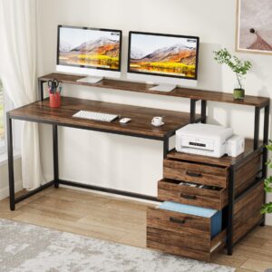 tribesigns 63 inch computer desk with file drawer cabinet, ergonomic office desk with monitor stand, industrial computer table with printer space, wood pc table workstation desk for home office