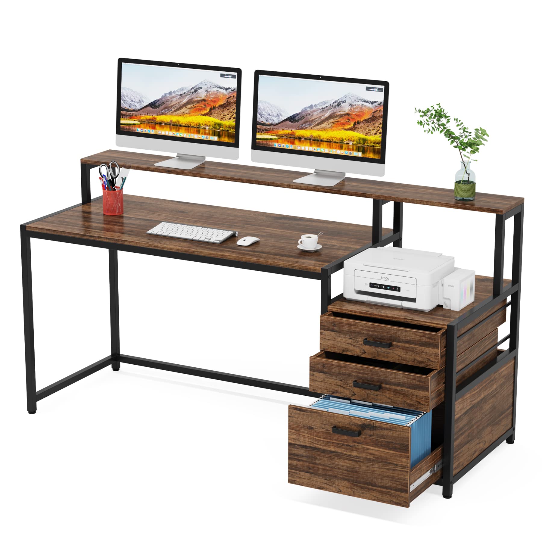 Tribesigns 63 Inch Computer Desk with File Drawer Cabinet, Ergonomic Office Desk with Monitor Stand, Industrial Computer Table with Printer Space, Wood PC Table Workstation Desk for Home Office