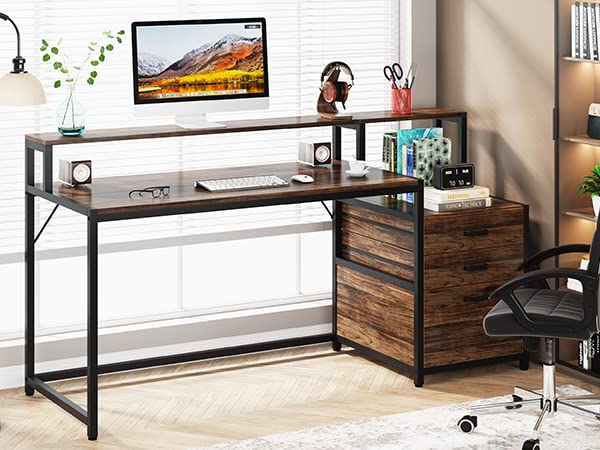 Tribesigns 63 Inch Computer Desk with File Drawer Cabinet, Ergonomic Office Desk with Monitor Stand, Industrial Computer Table with Printer Space, Wood PC Table Workstation Desk for Home Office