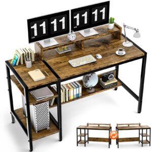 Gimars Upgrade 47” Computer Home Office Desk with Monitor Stand, Rustic Writing Desk with Adjustable Shelves & Large Bookshelf, Easy Assembly Gaming Desk, Spacious, Modren Design for Home Office