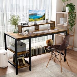 Gimars Upgrade 47” Computer Home Office Desk with Monitor Stand, Rustic Writing Desk with Adjustable Shelves & Large Bookshelf, Easy Assembly Gaming Desk, Spacious, Modren Design for Home Office