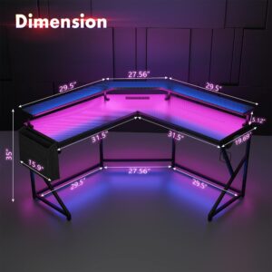 wOod-it Computer Desk for Gaming-51 Inch L Shaped Corner, Home Office Writing Table with LED Lights, Power Outlets, Monitor Stand, Cup Holder, Carbon Fiber Surface, 51 Inch, Black