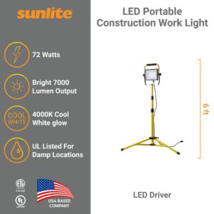 Sunlite 88176 LED Portable Construction Work Light with Tripod Stand, 72 Watts, 7000 Lumens, 6 Foot Cord, for Workshops, Garages, Attics, Basements, Painting, Job Sites, UL Listed, 40K - Cool White