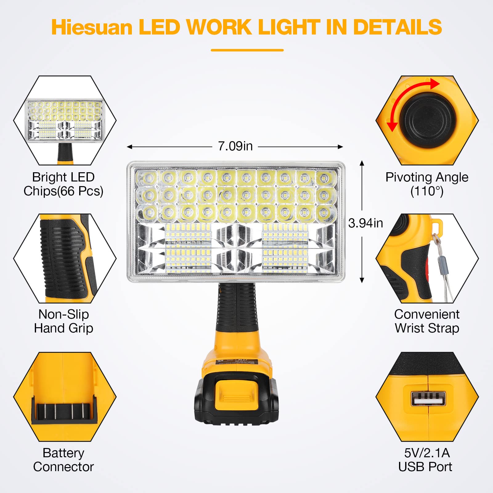 Hiesuan for Dewalt 20V Max LED Work Light, 30W 3300LM Jobsite Light Powered by DeWalt 20V MAX Li-Ion Battery DCB205 Flashlight Spotlight with 110 Degree Pivoting Head Zinc Alloy, 5V 2.1A USB Port