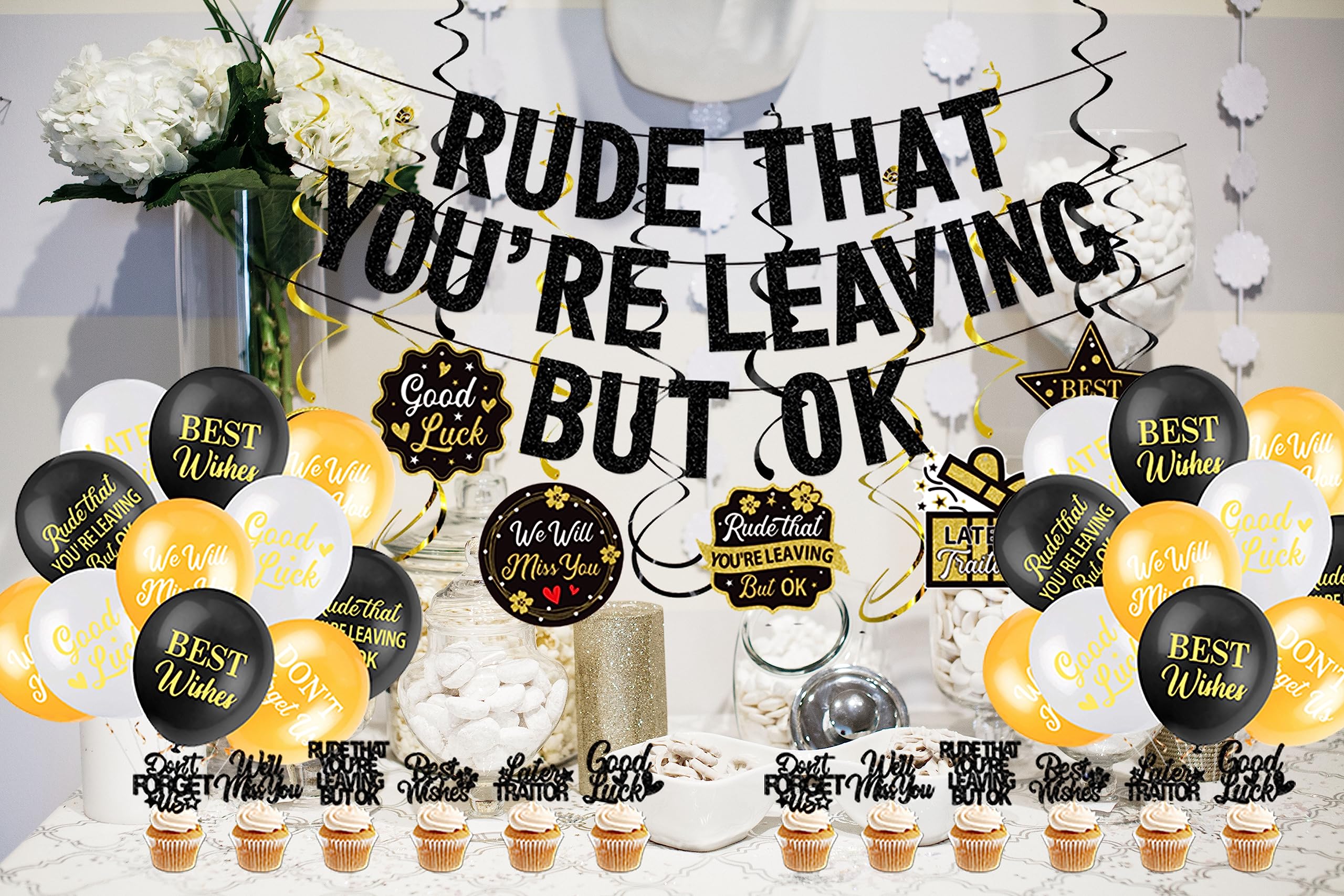 Rude That You're Leaving But OK Banner Cake Toppers Balloons Hanging Swirls, Black Coworker Leaving Decorations, RDTZ Office Coworker Goodbye Party Going Away Farewell Leaving Job Party Decorations