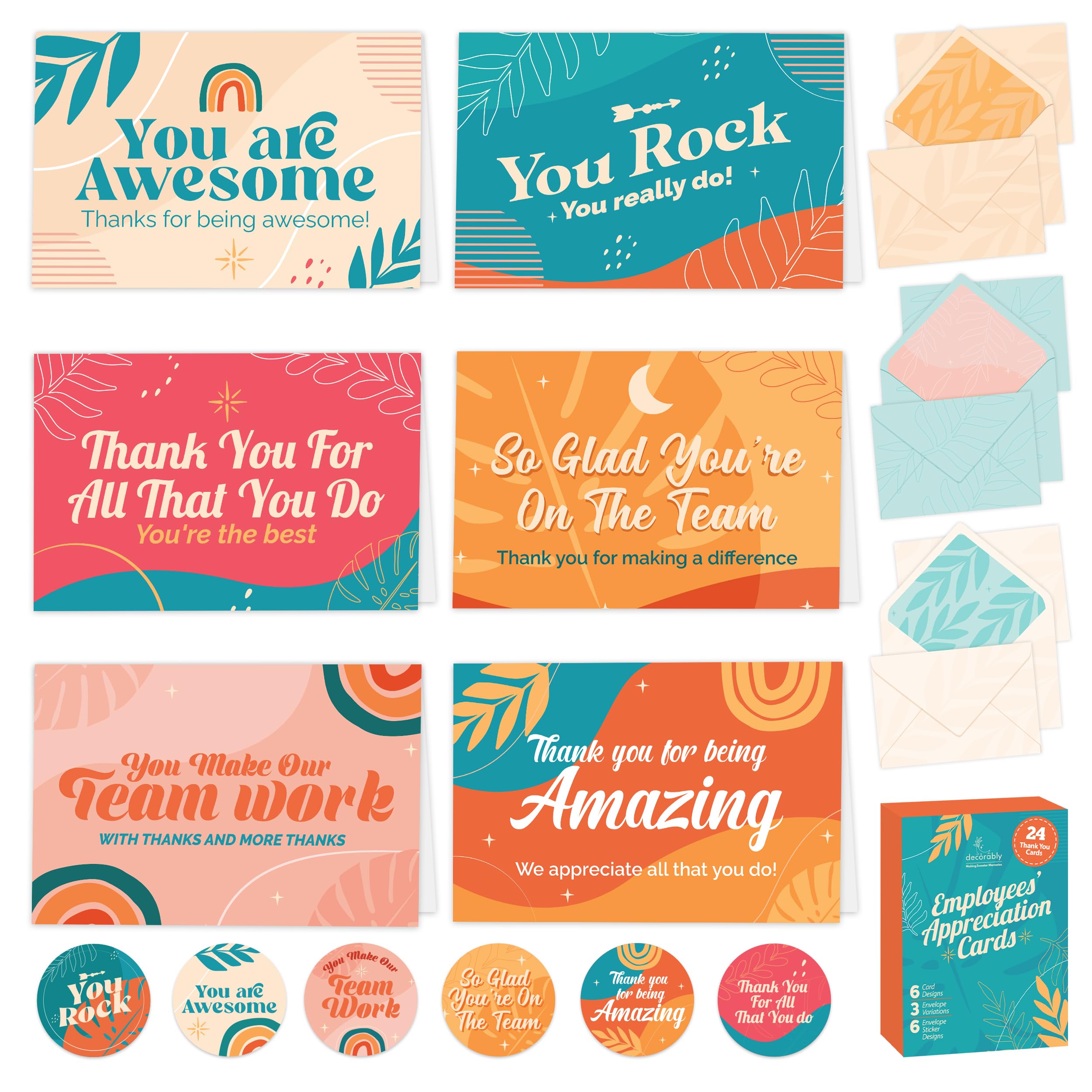 Decorably Employee Cards with Envelopes & Stickers - 24 Pack Employee Appreciation Cards with Envelopes & Stickers, Blank Appreciation Cards for Coworkers, 6x4in Employee Thank You Cards