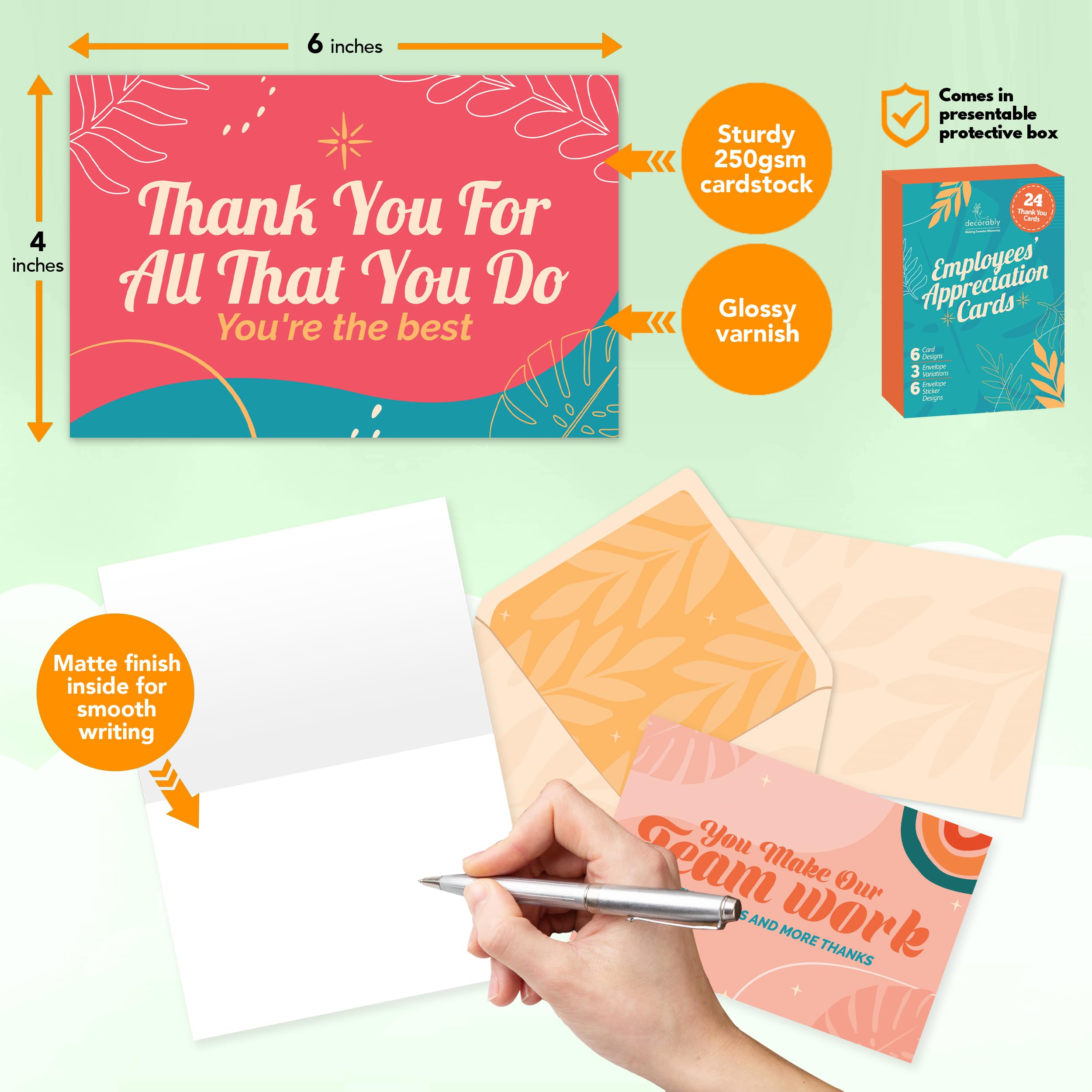 Decorably Employee Cards with Envelopes & Stickers - 24 Pack Employee Appreciation Cards with Envelopes & Stickers, Blank Appreciation Cards for Coworkers, 6x4in Employee Thank You Cards